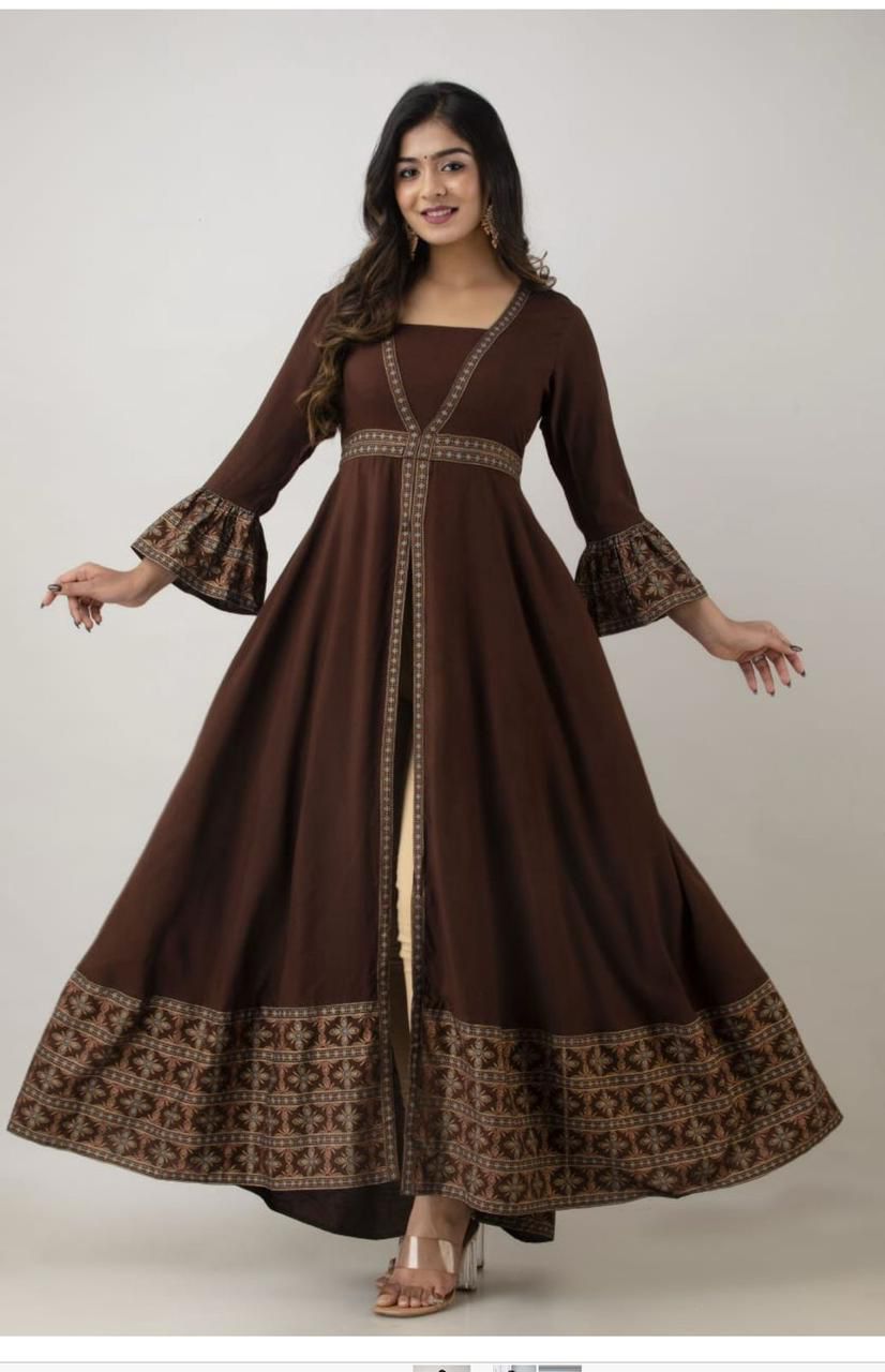 Espresso Elegance: Contemporary Flared Maxi with Bell Sleeves